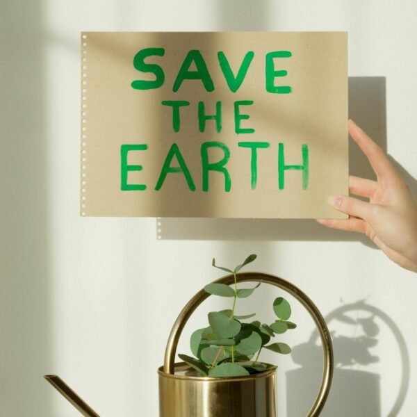 A hand holds a sign reading 'SAVE THE EARTH' above a brass watering can with a eucalyptus plant on a white background.